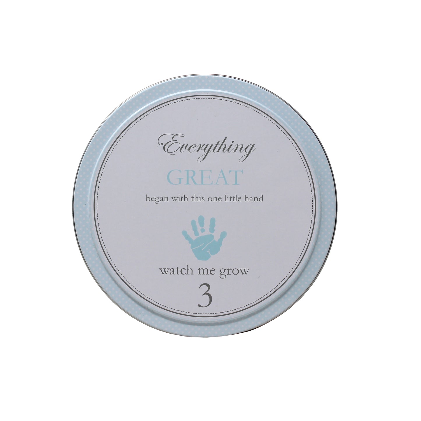 Top view of blue tin numbered 3 with handprint and 'watch me grow'