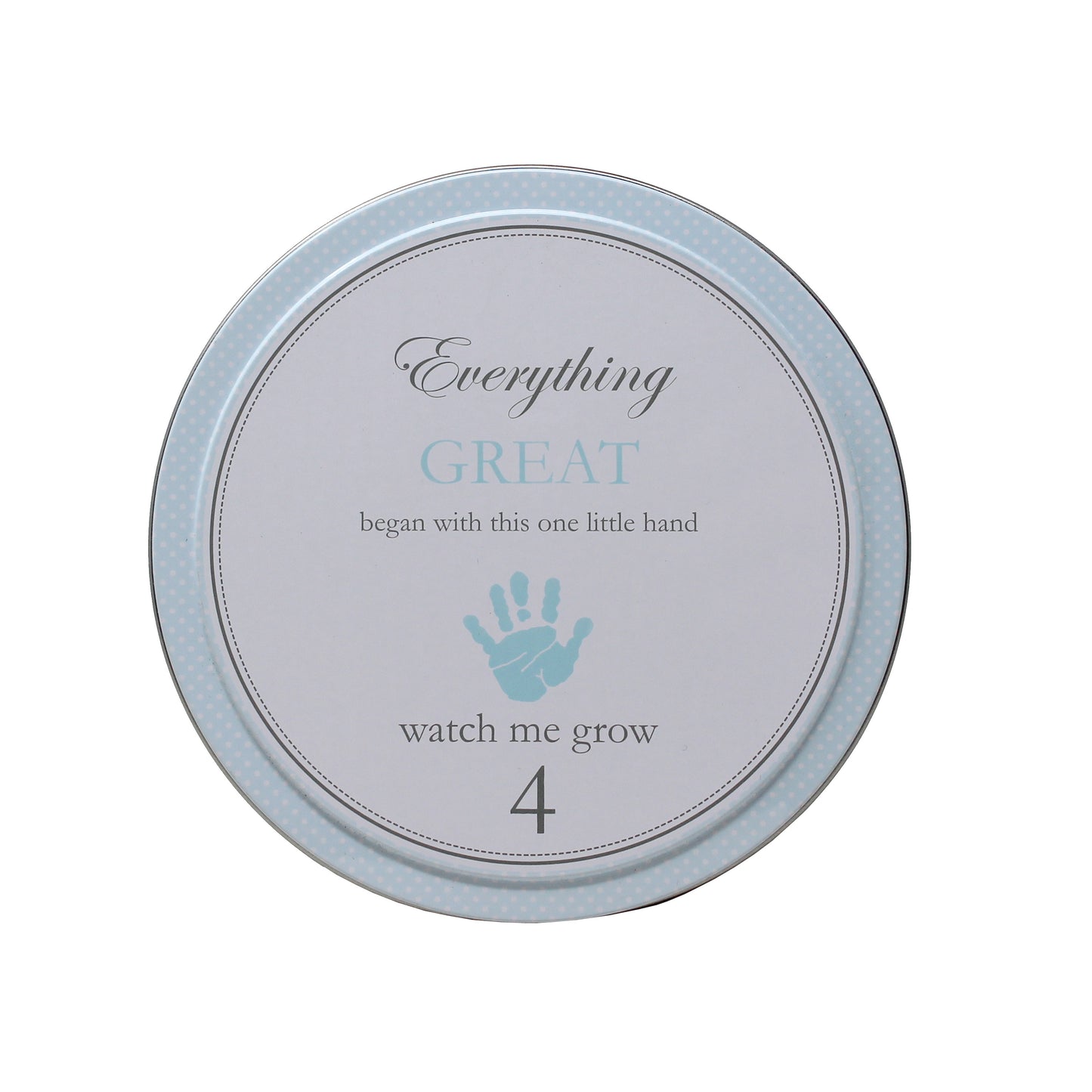 Top view of blue tin numbered 4 with handprint and 'watch me grow'