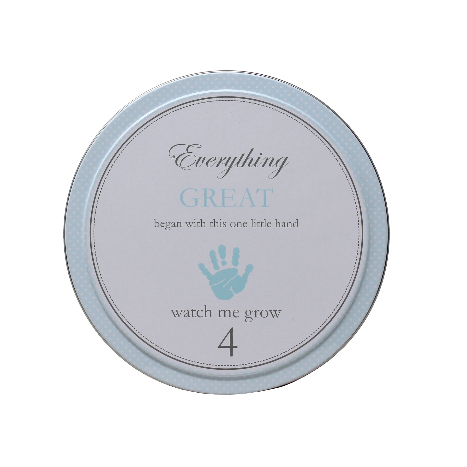 Top view of blue tin numbered 4 with handprint and 'watch me grow'