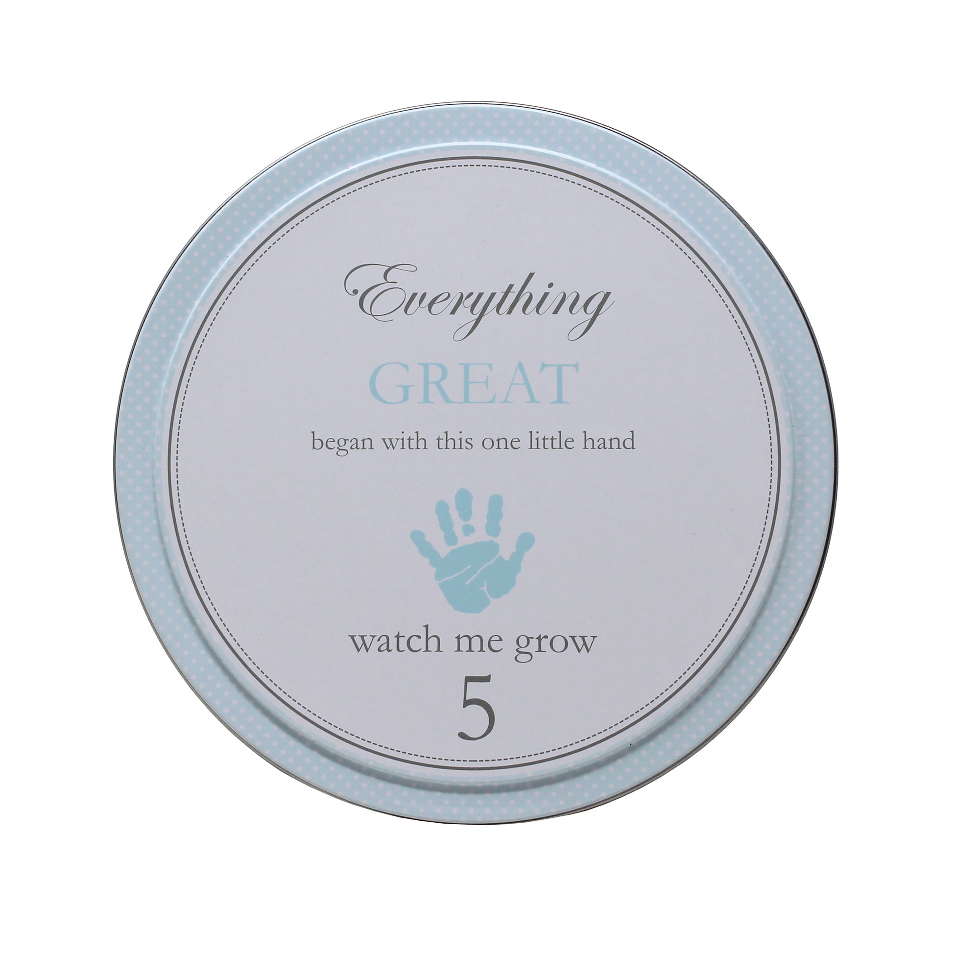 Top view of blue tin numbered 5 with handprint and 'watch me grow'
