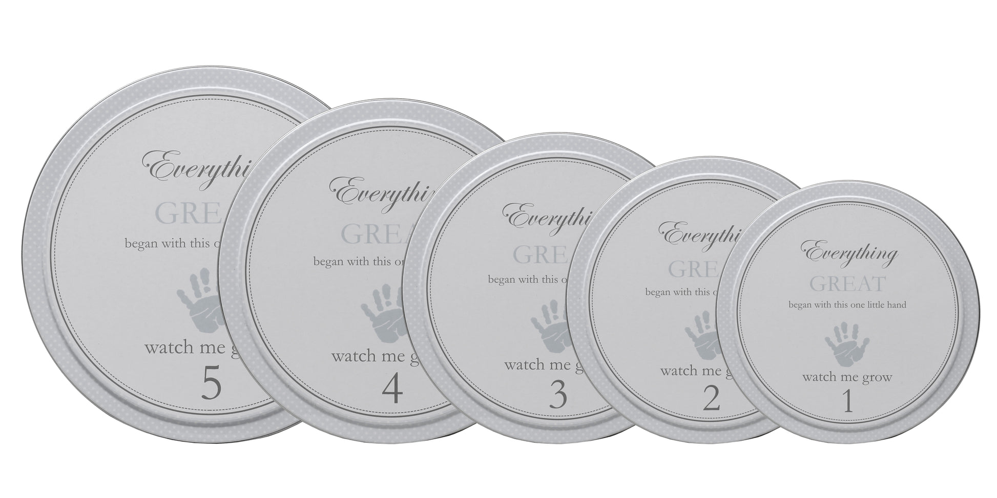 Five stacked gray handprint tins from largest to smallest