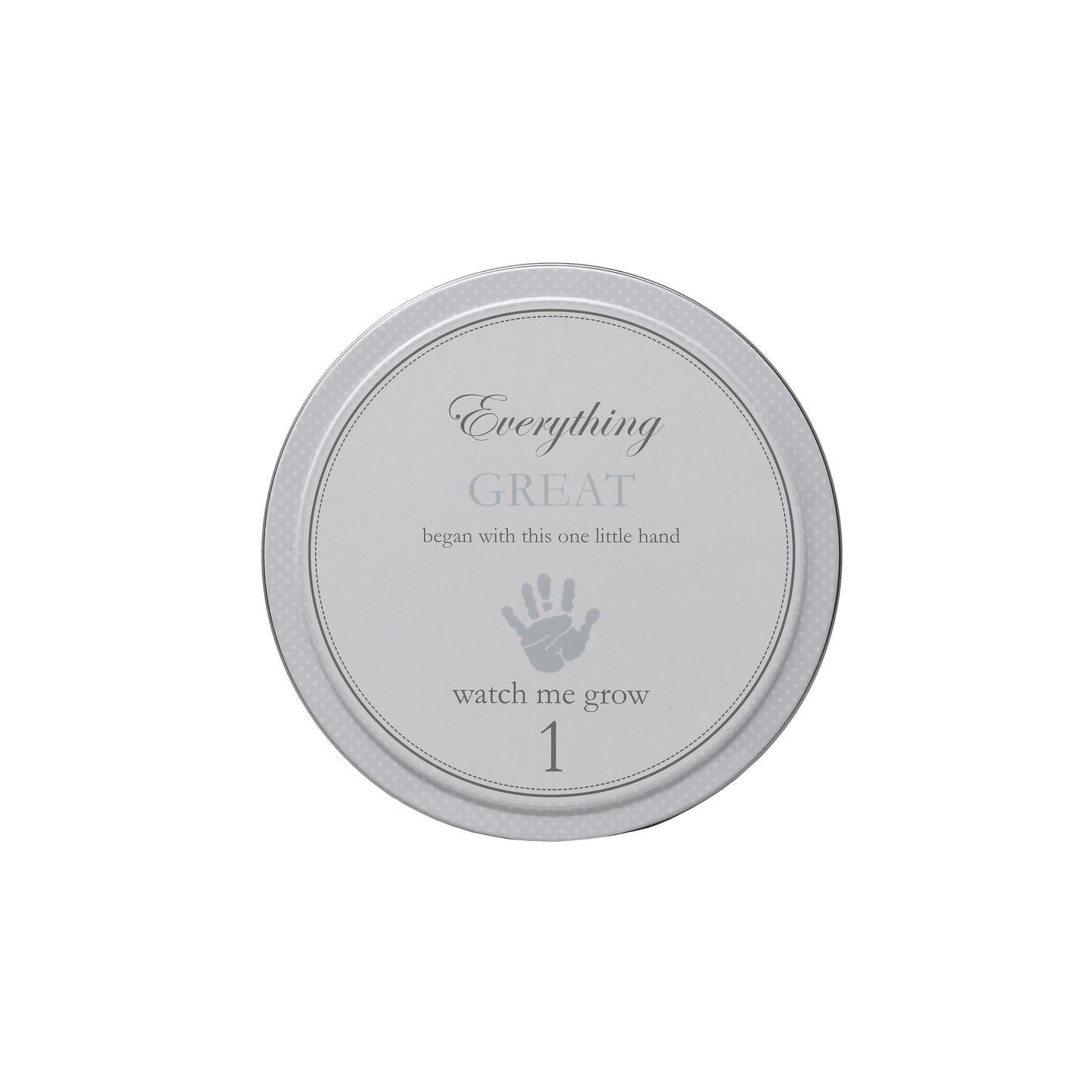 Close up of smallest gray tin labeled watch me grow 1 with handprint design