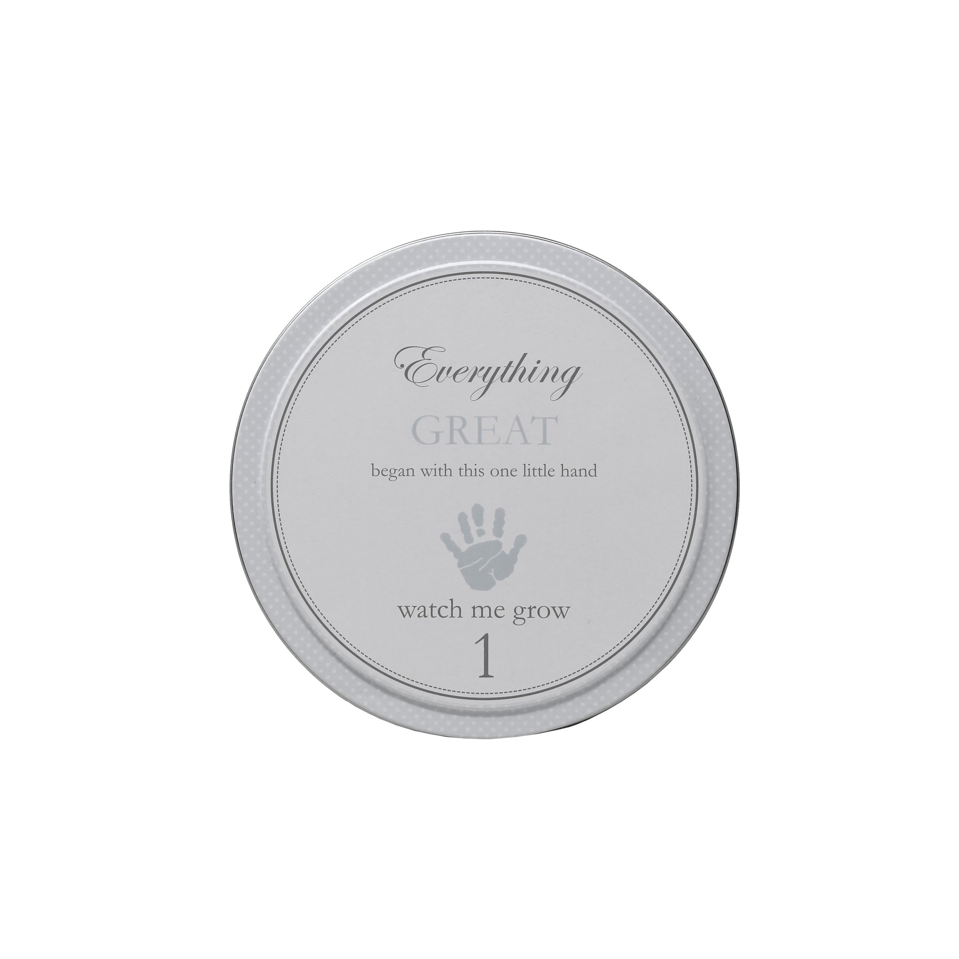 Close up of smallest gray tin labeled watch me grow 1 with handprint design