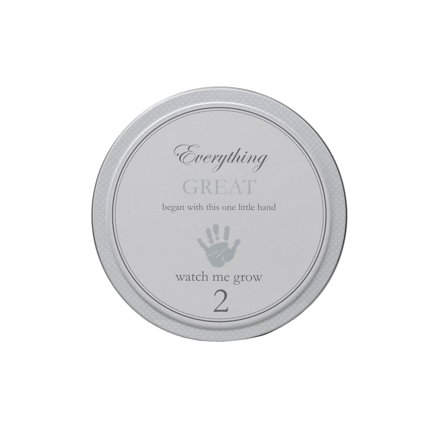 Gray tin labeled watch me grow 2 with a handprint design