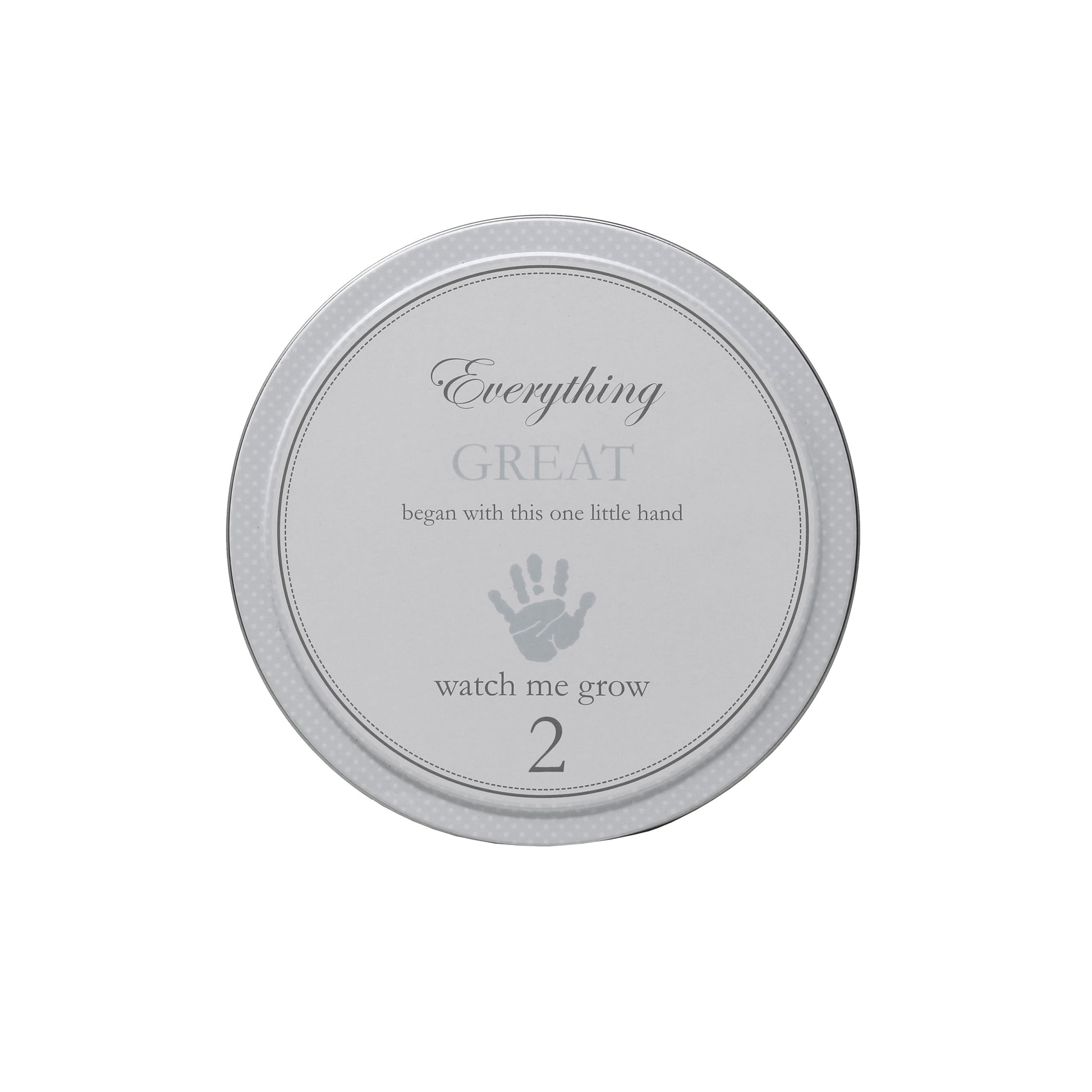 Gray tin labeled watch me grow 2 with a handprint design