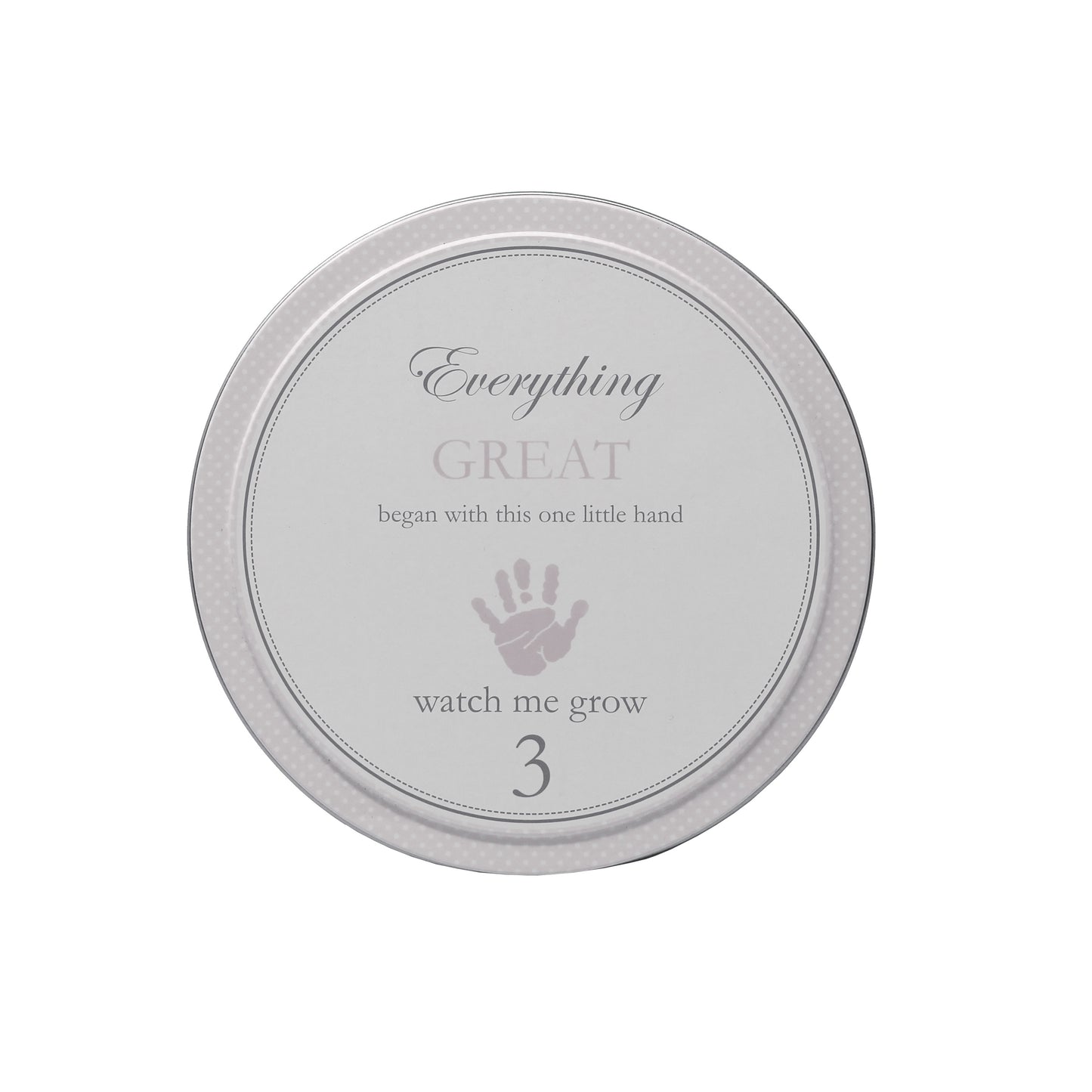 Gray tin labeled watch me grow 3 with a handprint design