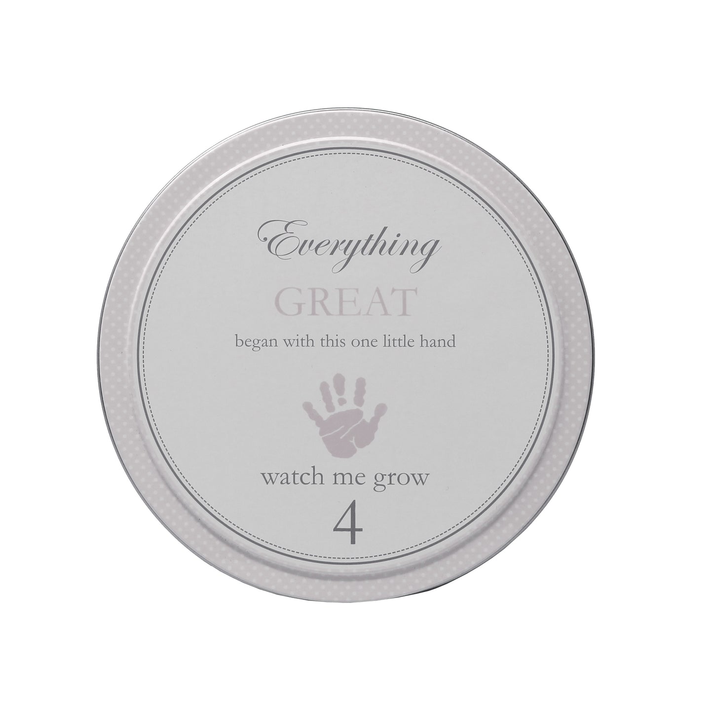 Gray tin labeled watch me grow 4 with a handprint design
