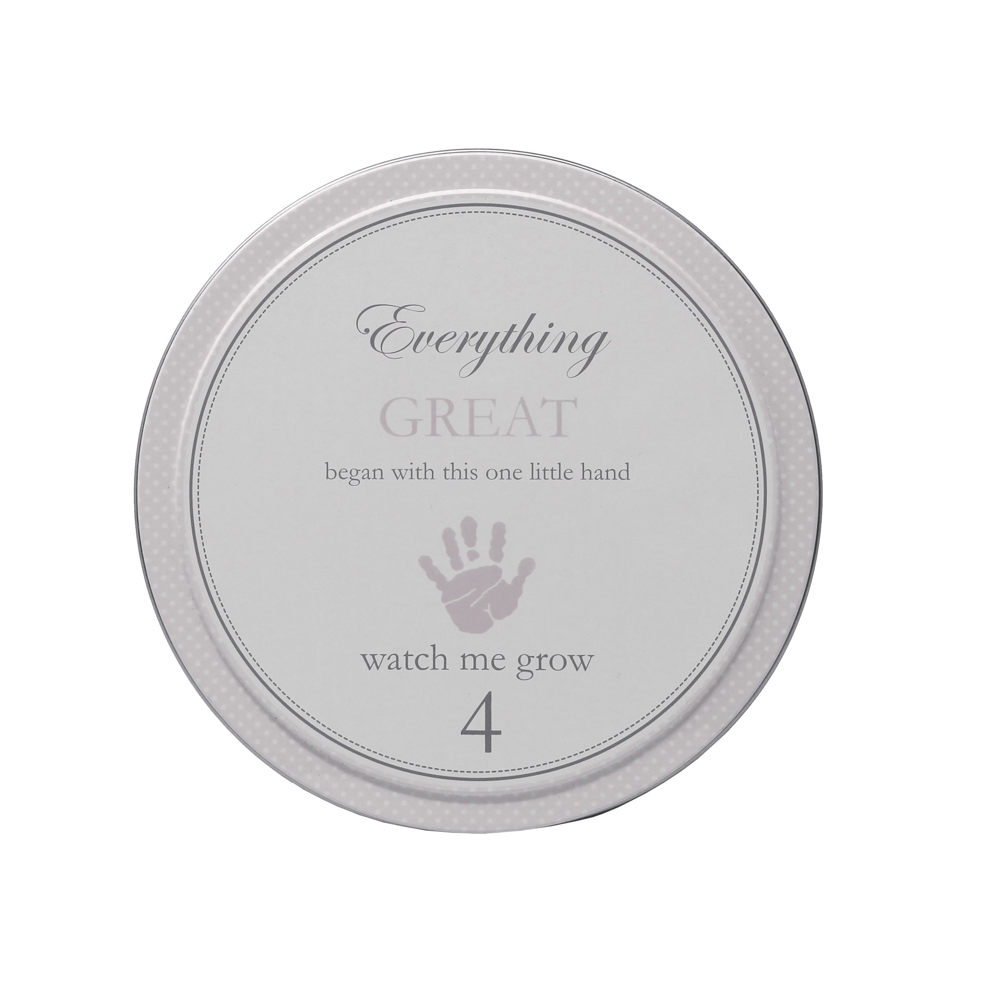 Gray tin labeled watch me grow 4 with a handprint design
