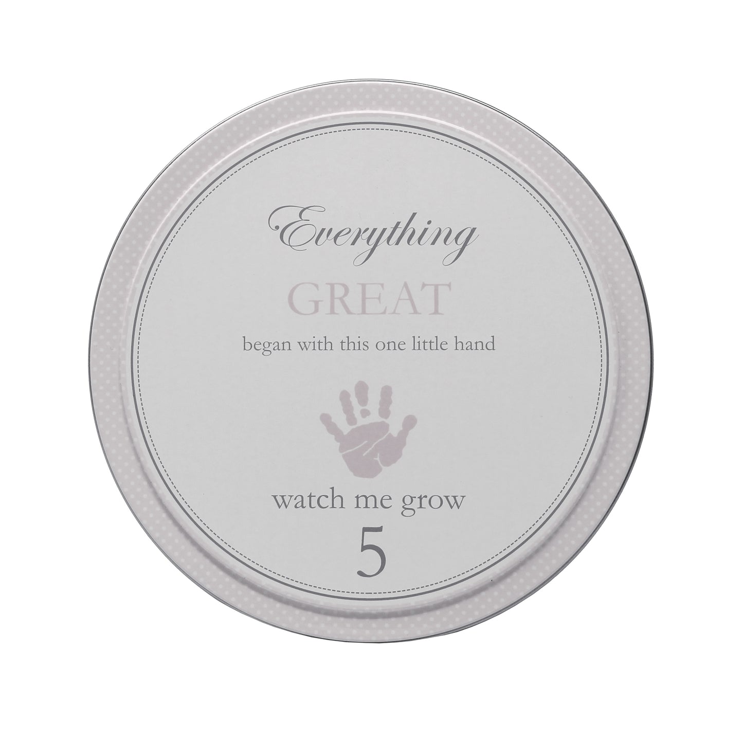 Gray tin labeled watch me grow 5 with a handprint design