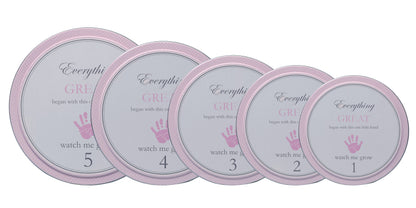 Set of five nested pink tins from size 1 to 5