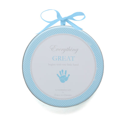 Blue handprint kit closed round tin with polka dot border and blue ribbon hanger