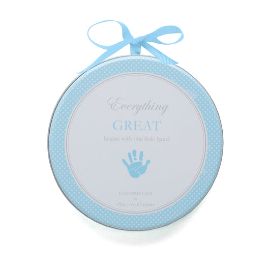 Blue handprint kit closed round tin with polka dot border and blue ribbon hanger