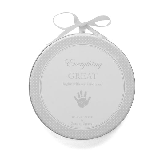 Gray handprint keepsake kit round box with ribbon and polka dot border