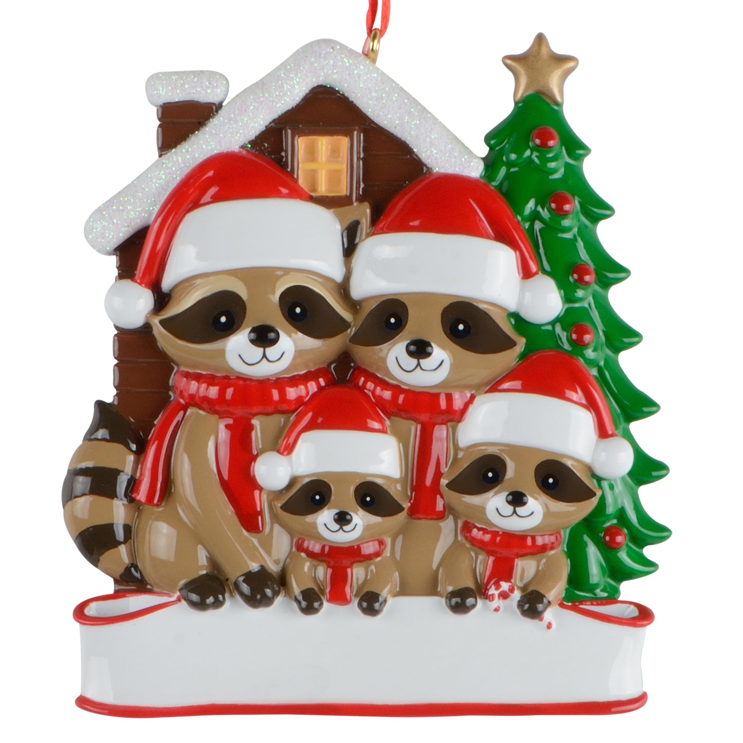 Handpainted holiday ornament featuring a raccoon family of four wearing Santa hats and scarves in front of a snowy cabin and decorated Christmas tree