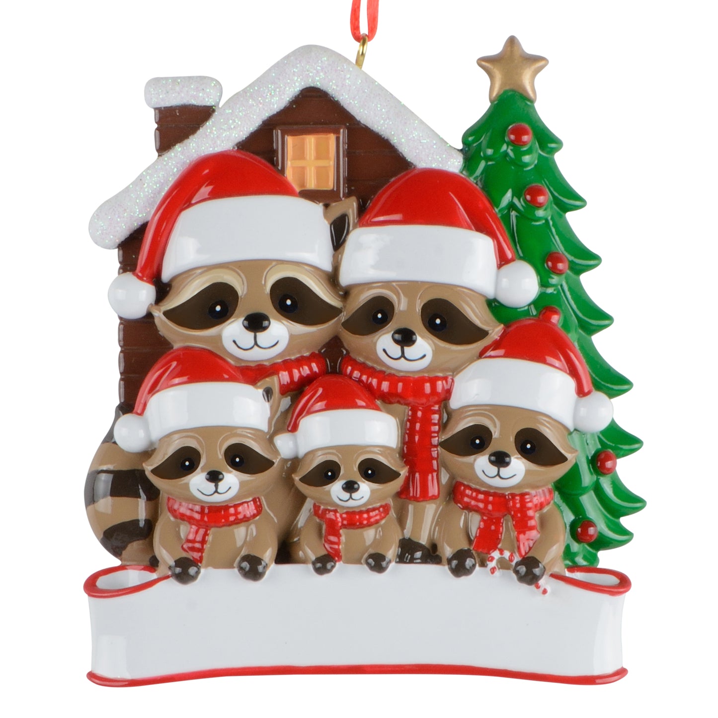 Raccoon family of five in Santa hats and red scarves handpainted Christmas ornament with snow-covered cabin and Christmas tree background