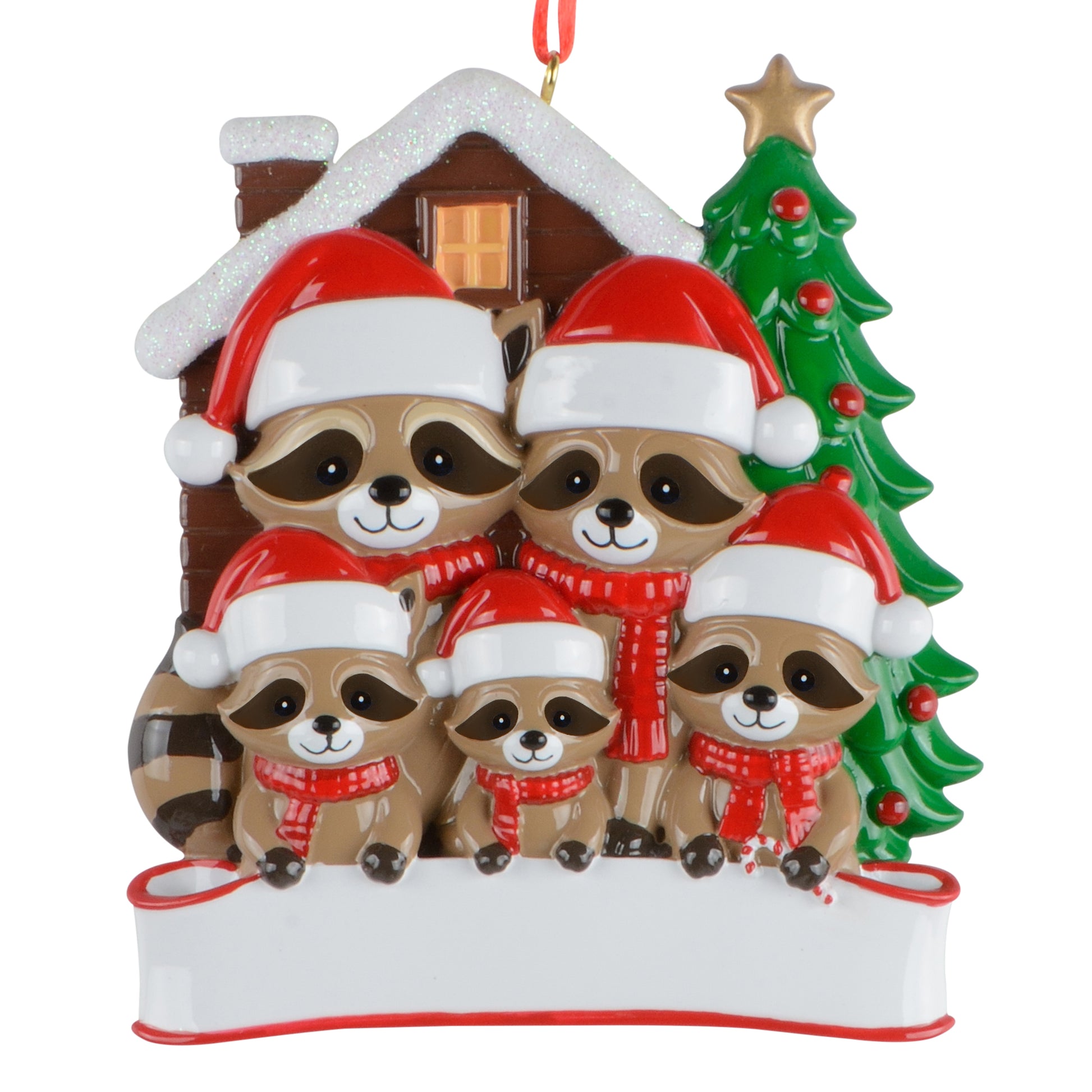 Raccoon family of five in Santa hats and red scarves handpainted Christmas ornament with snow-covered cabin and Christmas tree background
