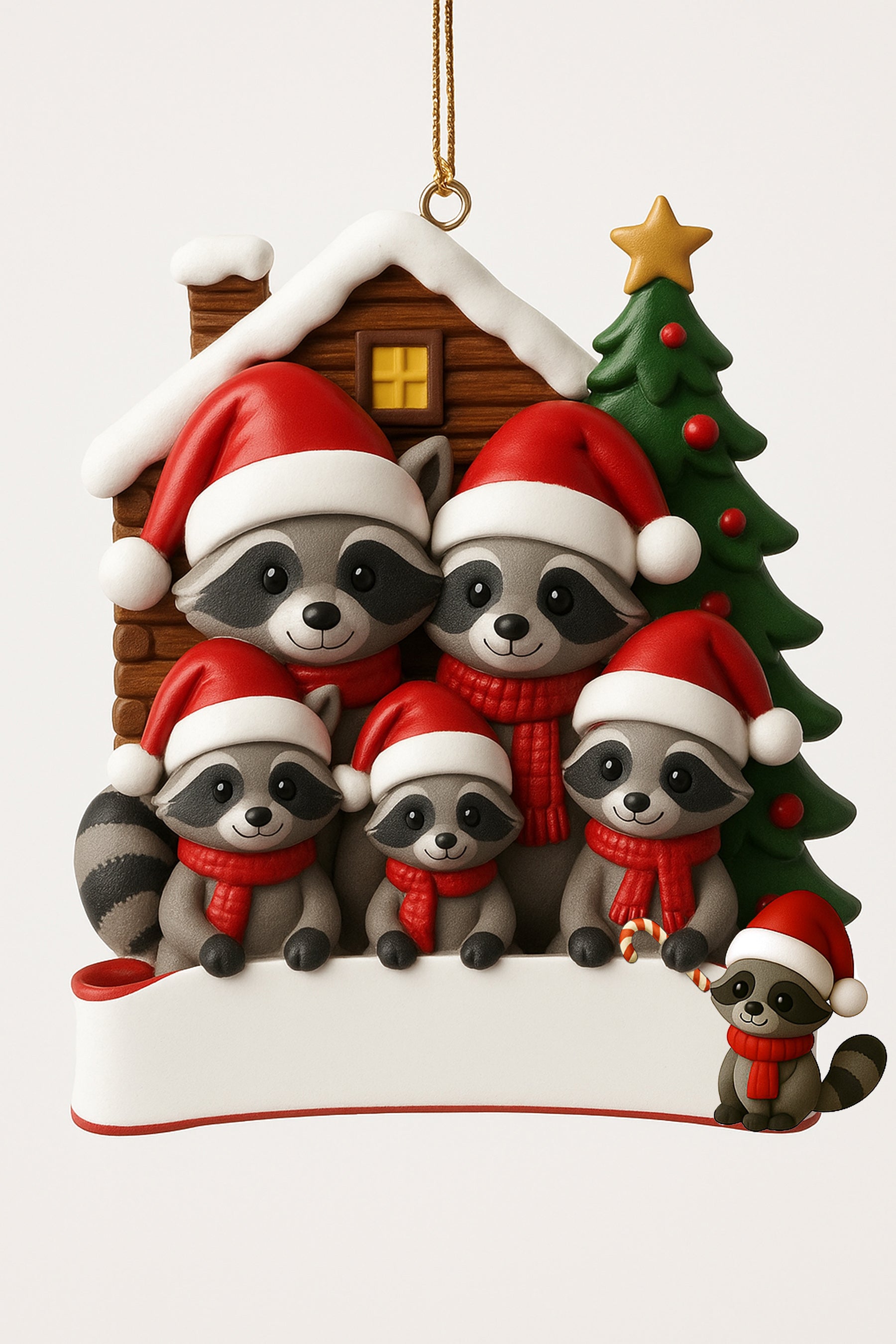 Festive raccoon family Christmas ornament with Santa hats and scarves in front of a snow-covered cabin and decorated tree