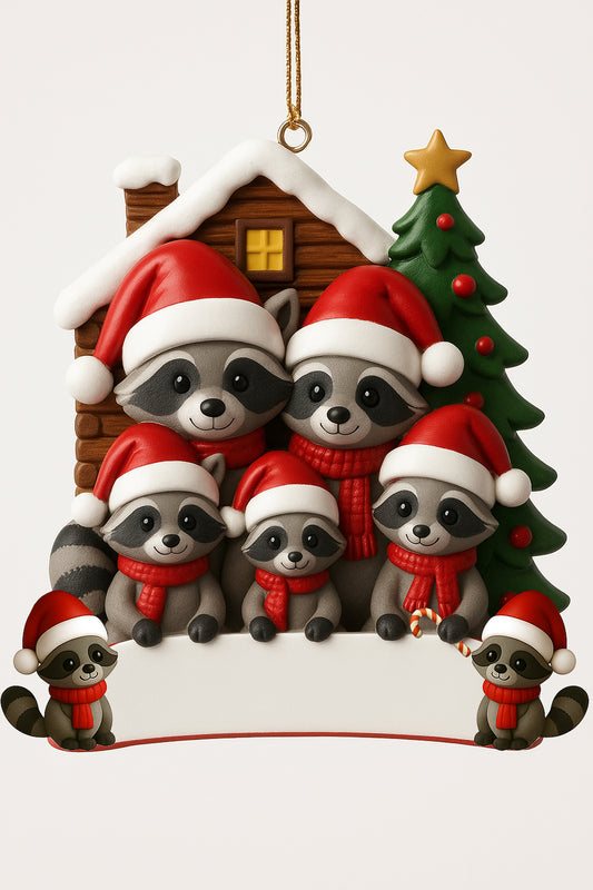 Raccoon family Christmas ornament with seven raccoons wearing red Santa hats and scarves in front of a snowy cabin and decorated tree