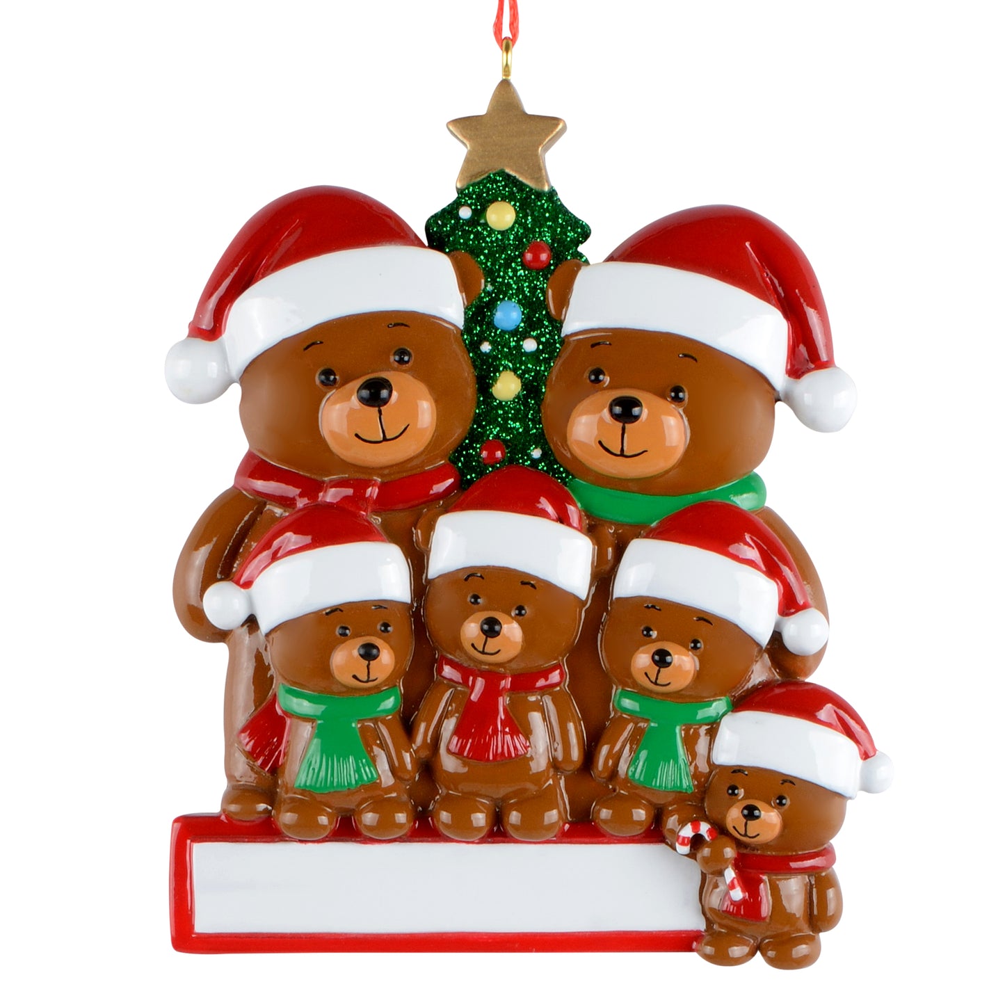 Christmas ornament featuring six handpainted bears wearing Santa hats and scarves in front of a glittery Christmas tree with star