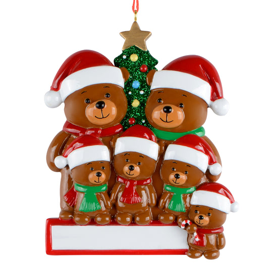 Christmas ornament featuring six handpainted bears wearing Santa hats and scarves in front of a glittery Christmas tree with star