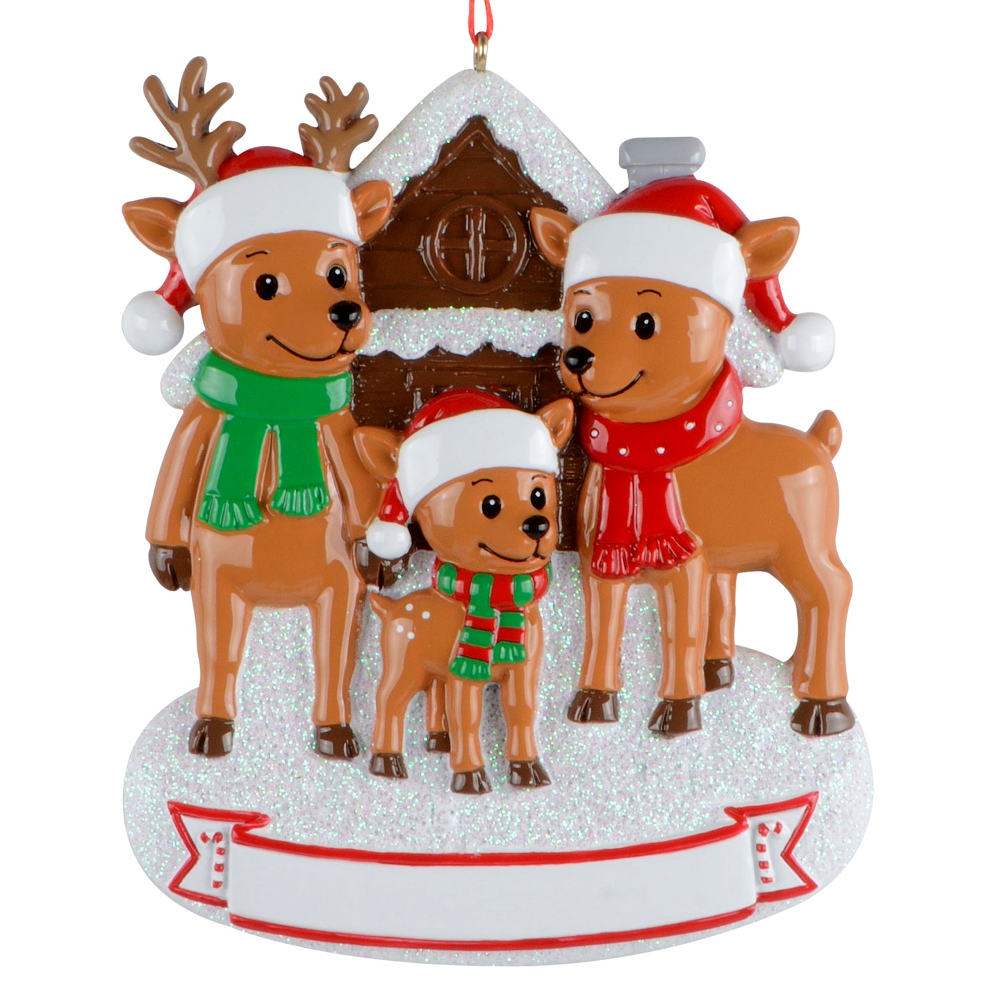 Handpainted reindeer family ornament with three reindeer in Santa hats and scarves in front of a glittery snowy cabin