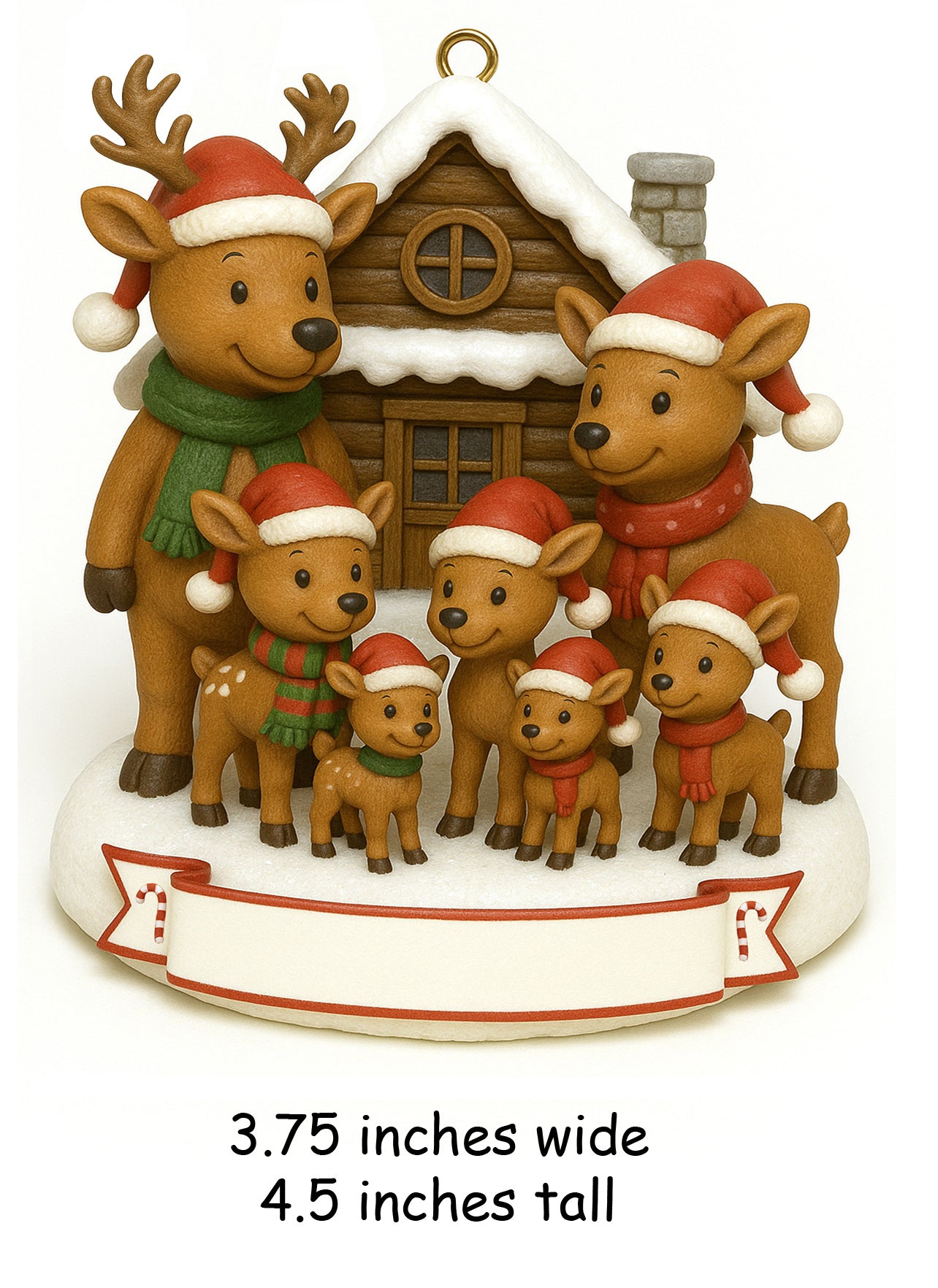 Handpainted reindeer family of seven holiday ornament in front of snow-covered cabin