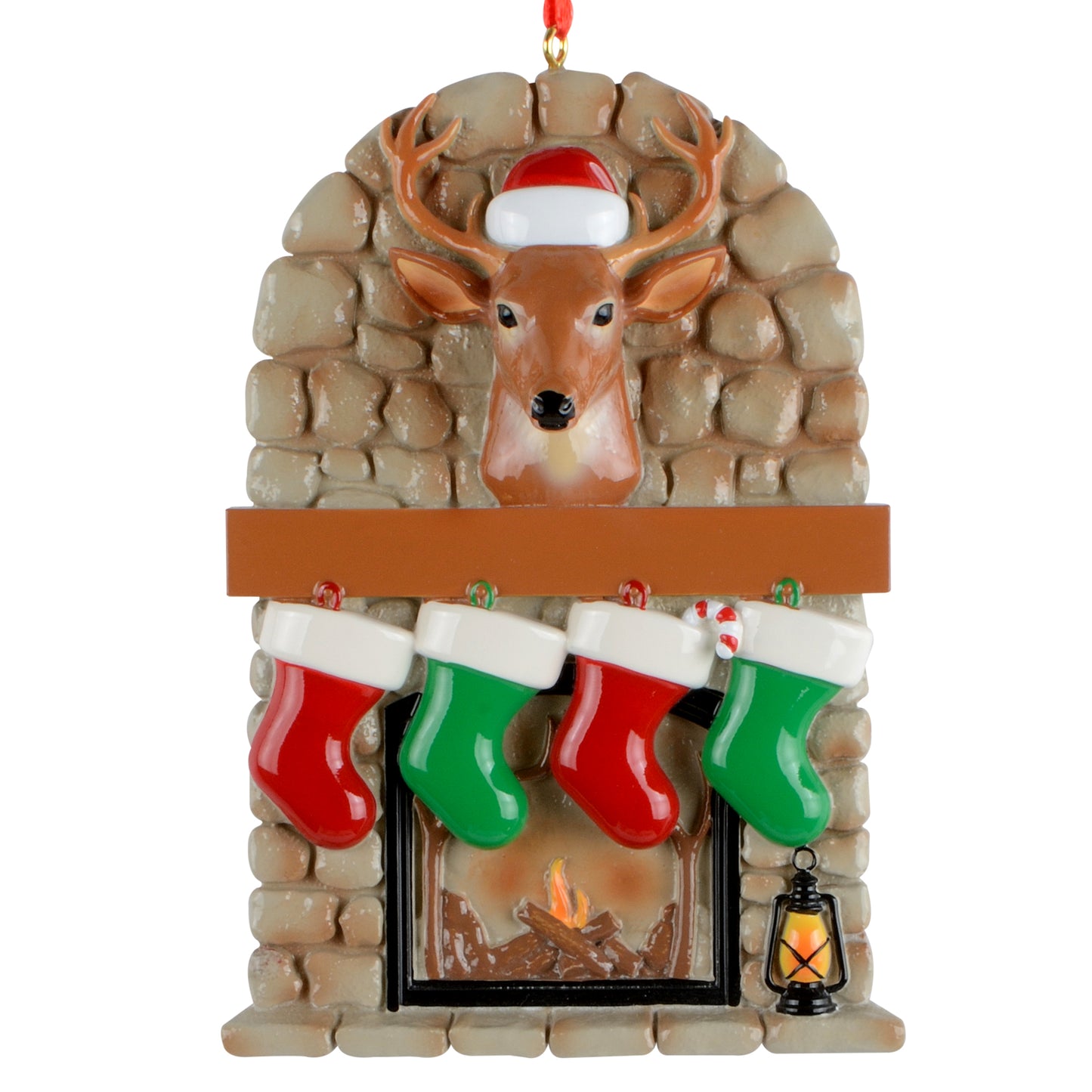 Handpainted stone fireplace Christmas ornament with reindeer head in Santa hat and four red and green stockings hanging on mantle