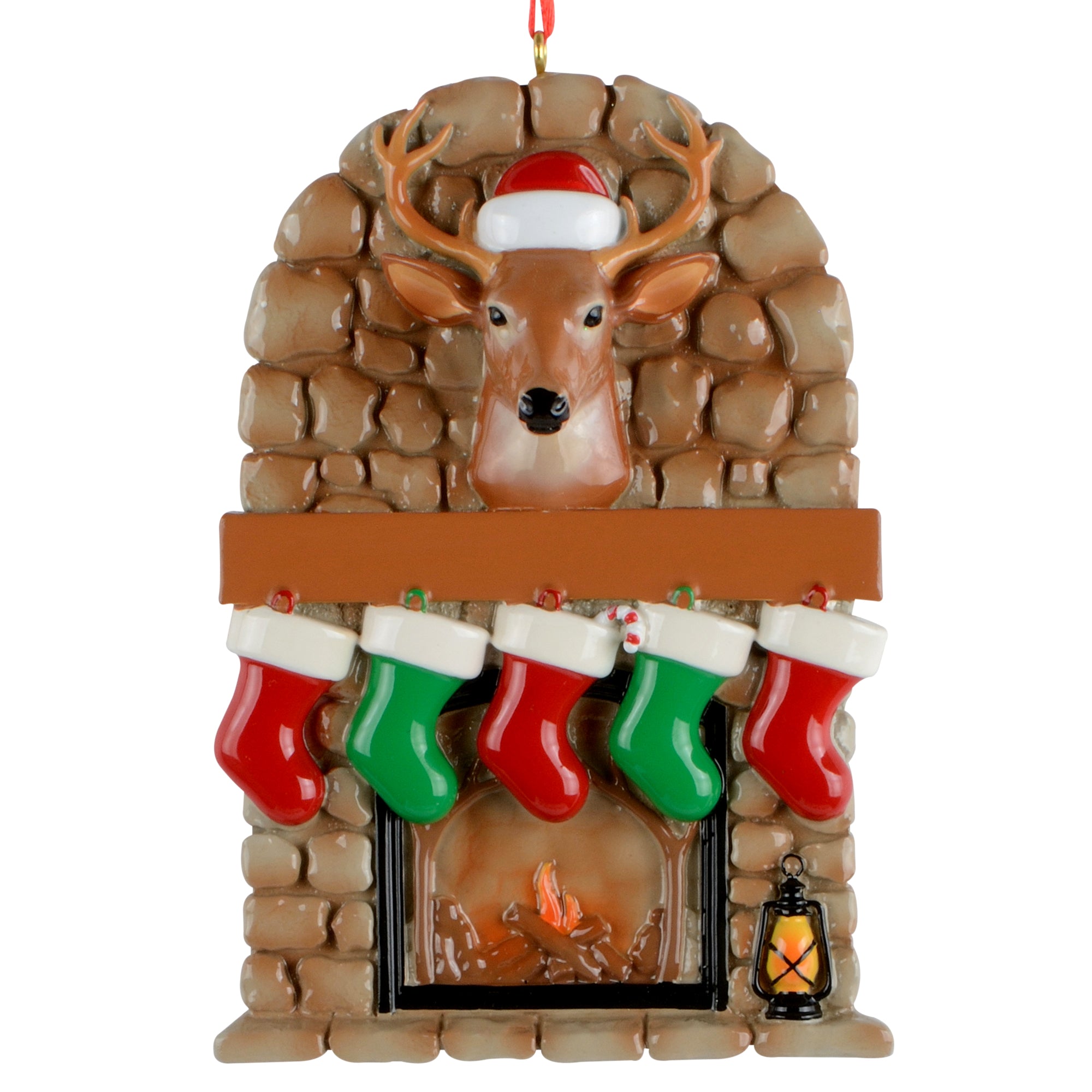 Handpainted stone fireplace Christmas ornament with five hanging stockings and reindeer head