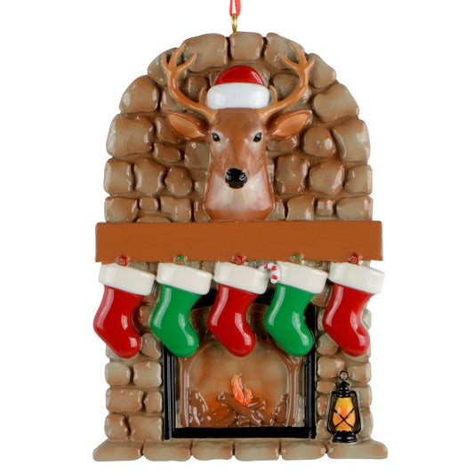 Handpainted stone fireplace Christmas ornament with five hanging stockings and reindeer head