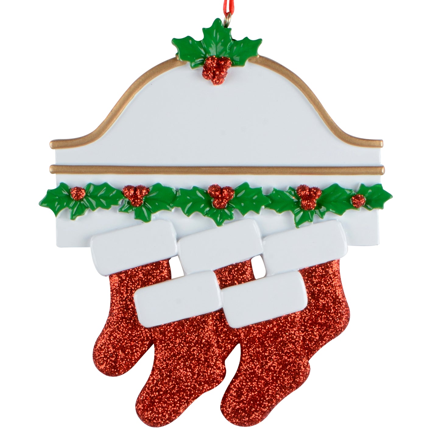 Handpainted holiday ornament with white mantel, gold trim, green holly leaves, red glitter berries, and five red glitter stockings hanging