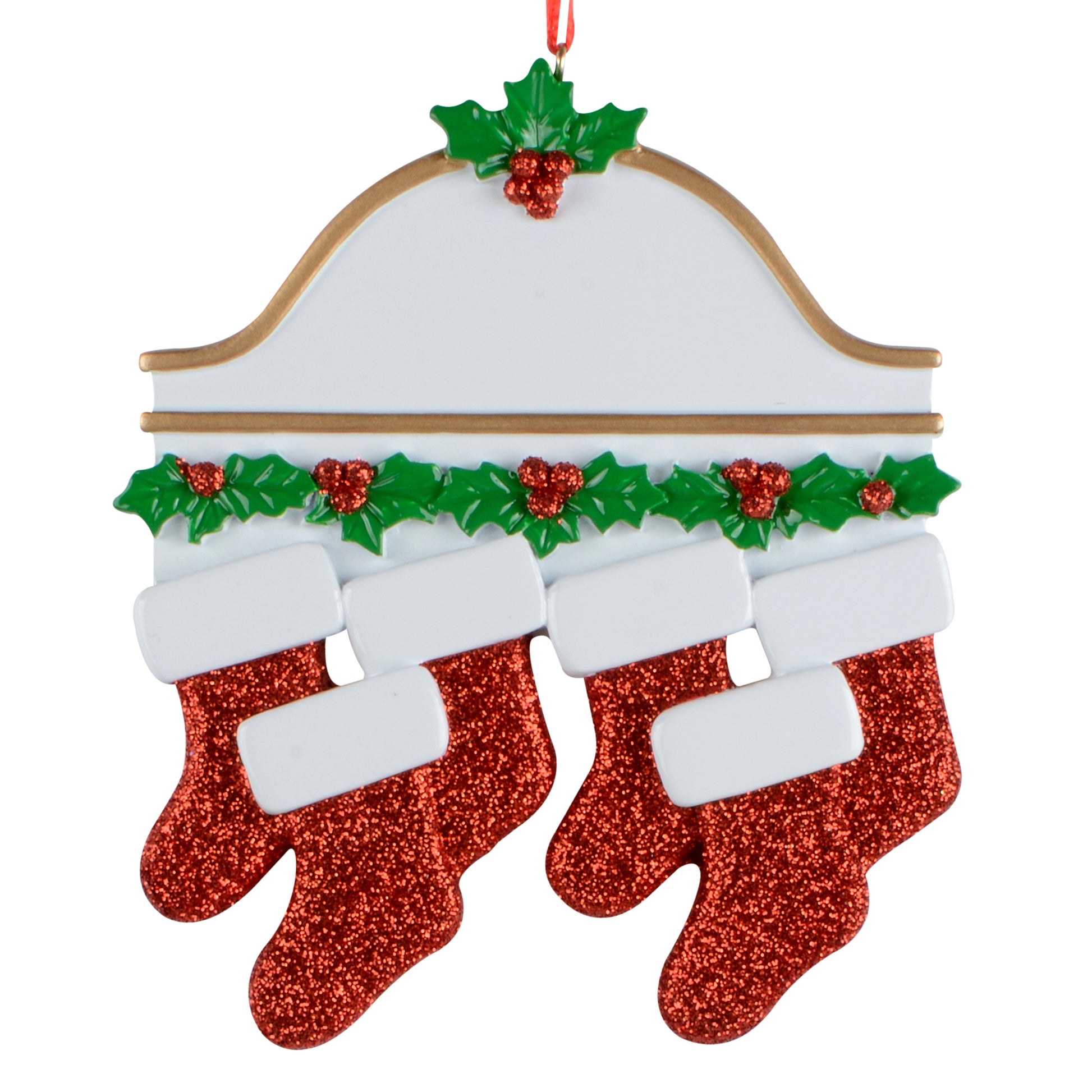 Handpainted holiday ornament featuring white mantel with gold trim, decorated with green holly leaves and red glitter berries with six red glitter stockings hanging from it