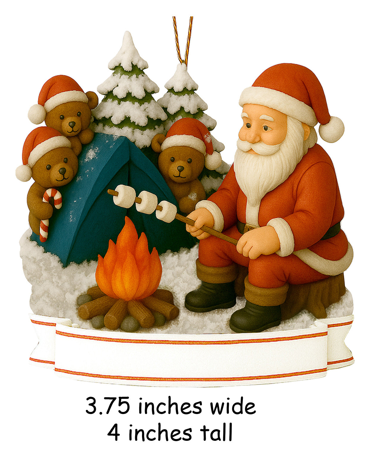 Santa Claus roasting marshmallows by campfire with three bears in Santa hats at snowy blue tent holiday ornament
