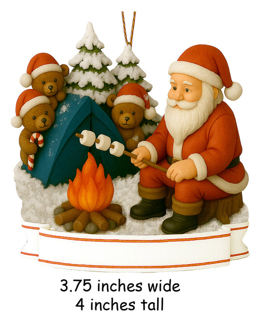 Santa Claus roasting marshmallows by campfire with three bears in Santa hats at snowy blue tent holiday ornament