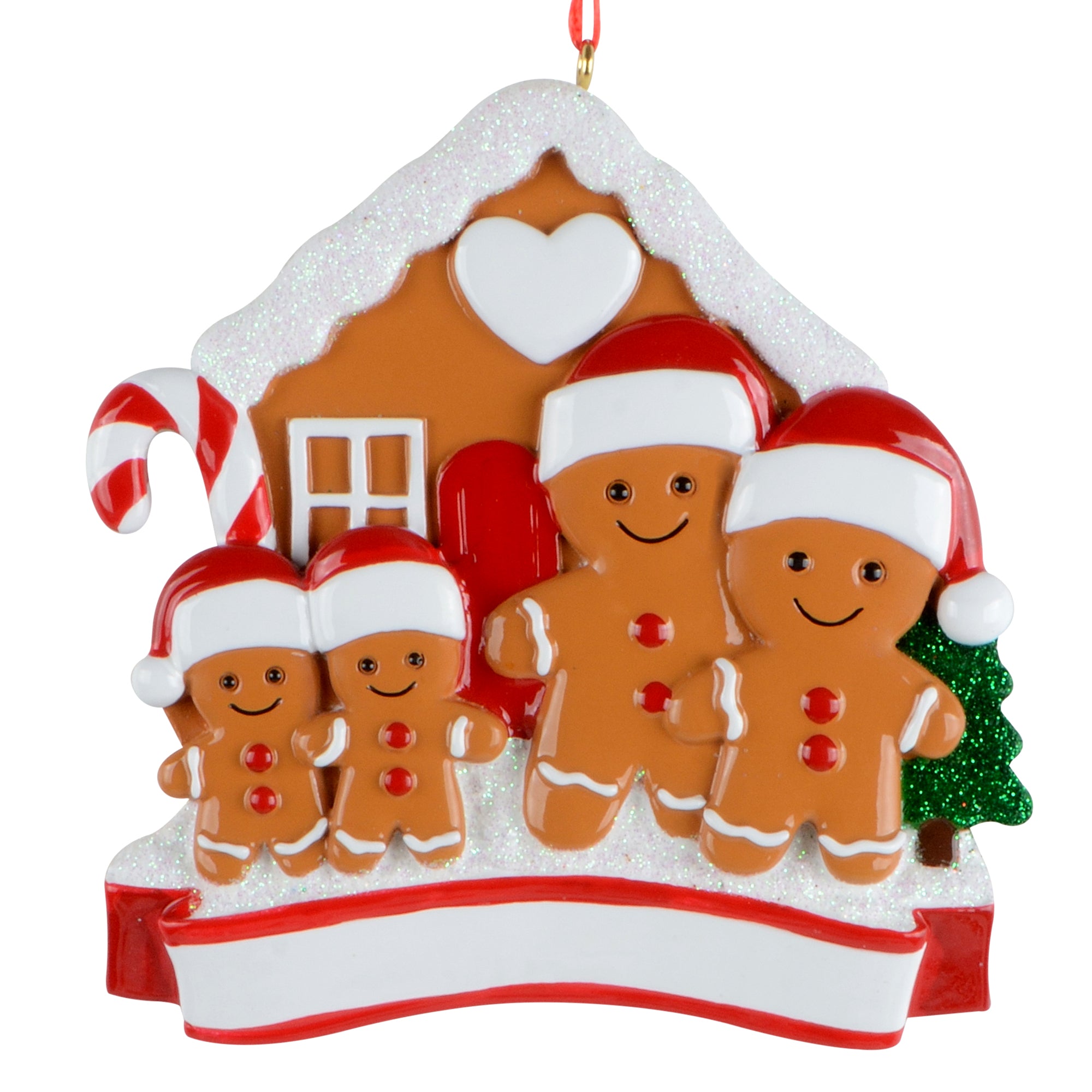 Handpainted gingerbread family of four Christmas ornament with Santa hats and festive backdrop