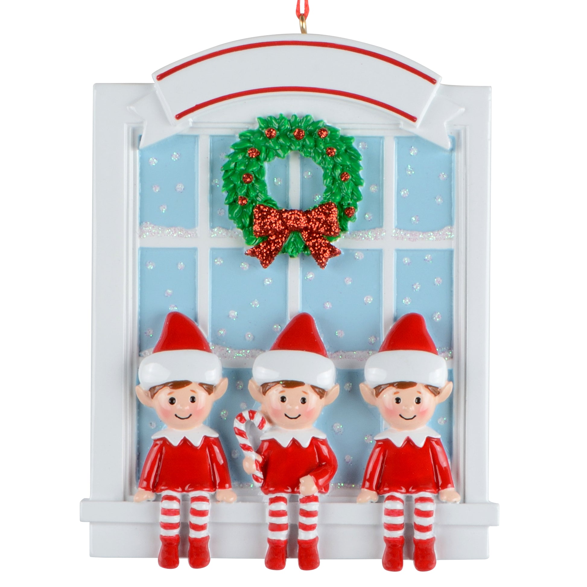 Three Sill-E Elves holiday ornament featuring three red and white dressed elves sitting on a white window sill with a green wreath and snowflake decorated blue window background