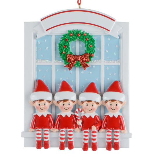Handpainted holiday ornament featuring four sitting elves in red suits and striped tights on a white windowsill with a green wreath and candy cane