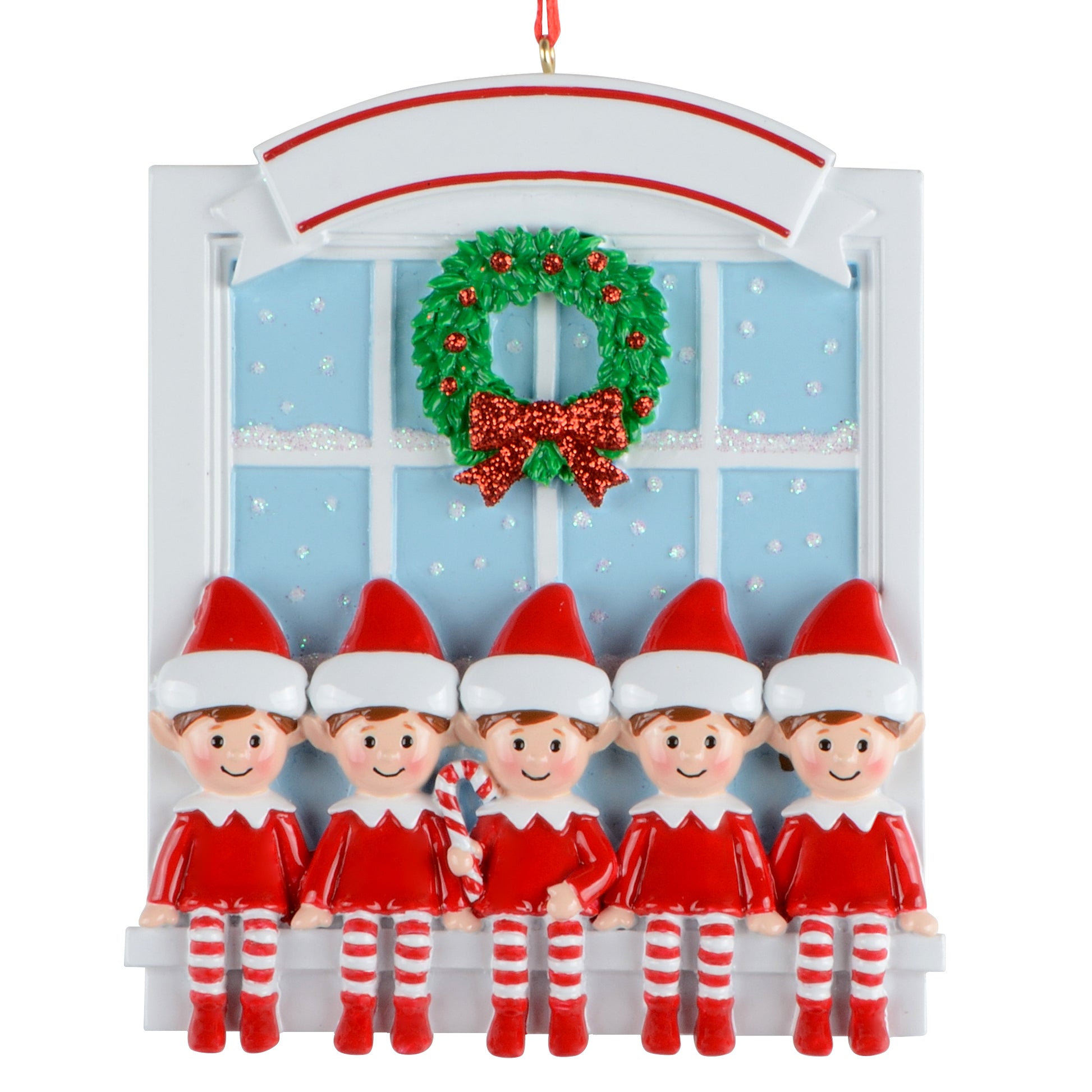 Five whimsical elf figurines sitting on window ledge ornament with green wreath and red bow background