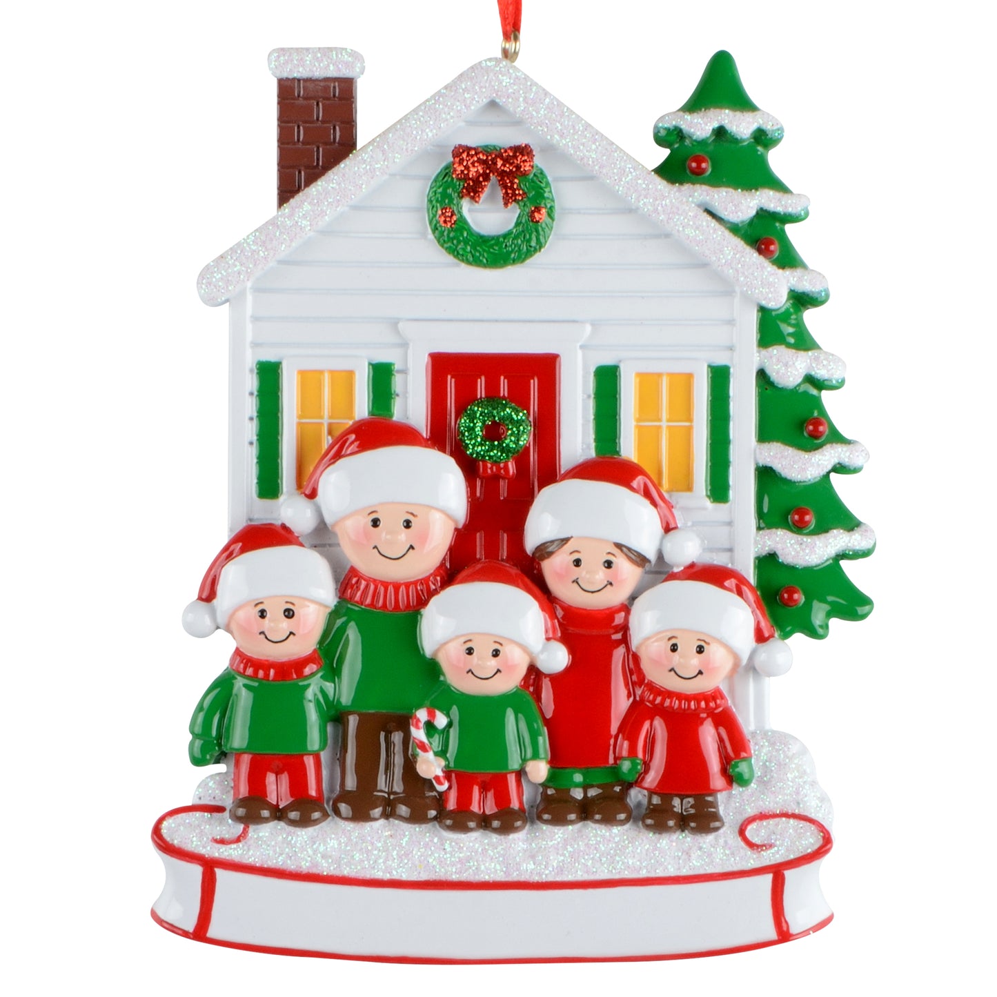 Home for Christmas resin ornament showing a family of five in Santa hats standing in front of a decorated white house with a red door and snow-covered tree