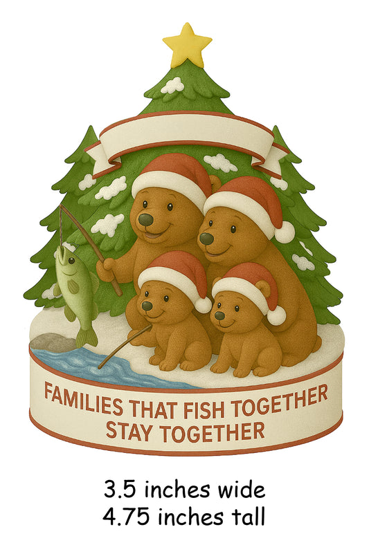 Handpainted bear family fishing holiday ornament with Christmas tree and star backdrop, featuring four bears wearing Santa hats and fishing together