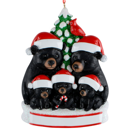 Handpainted black bear family of five wearing Santa hats with snow-covered tree and red cardinal ornament