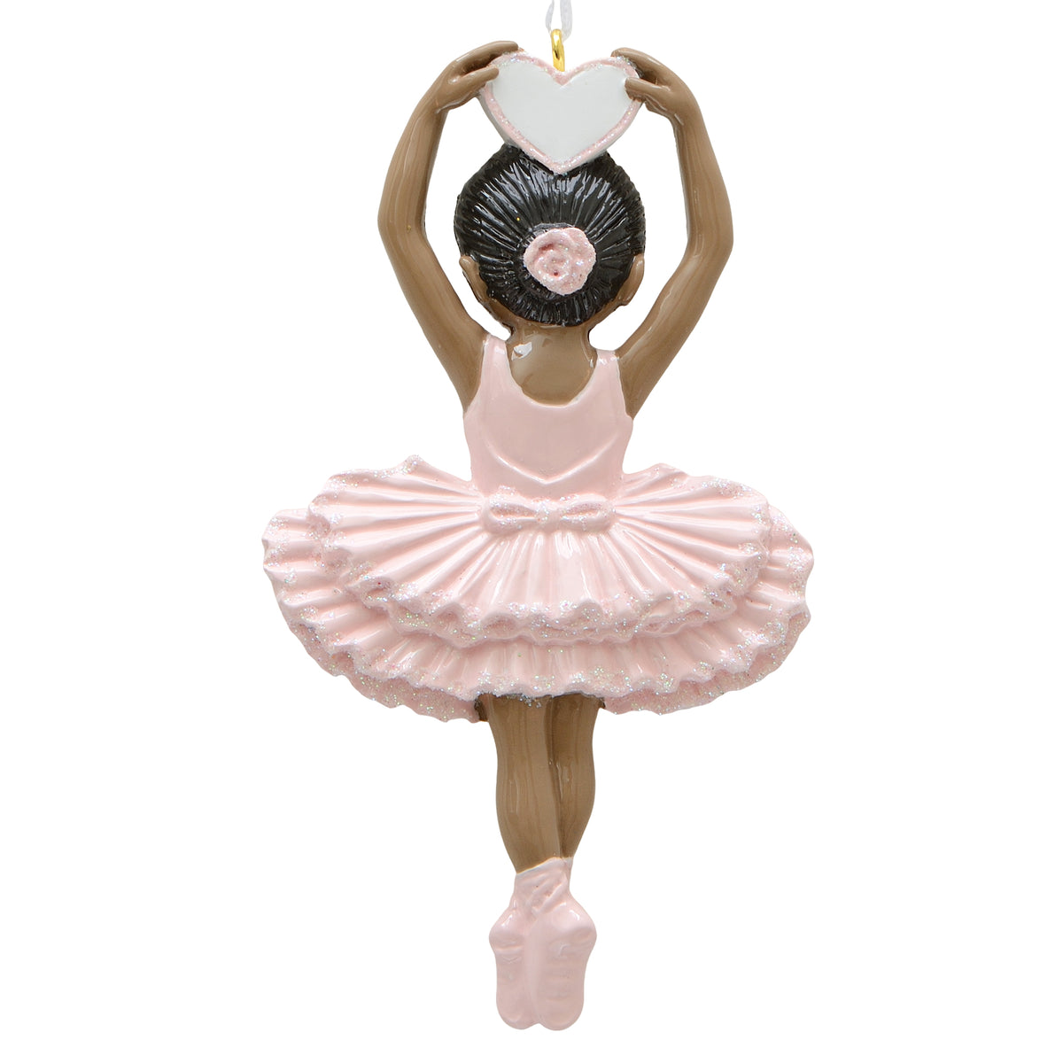 Hand-painted resin Prima Ballerina ornament, dark skin with black hair in a bun, pink glitter tutu, holding a blank heart overhead