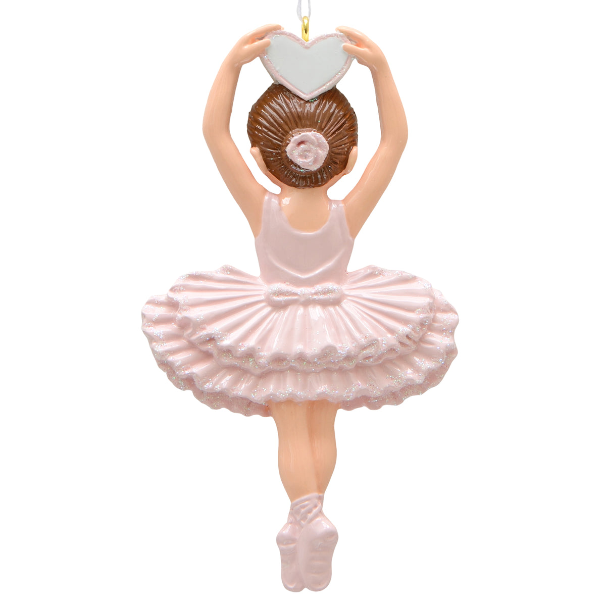 Hand-painted resin Prima Ballerina ornament, light skin with brown hair in a bun, pink glitter tutu, holding a blank heart overhead