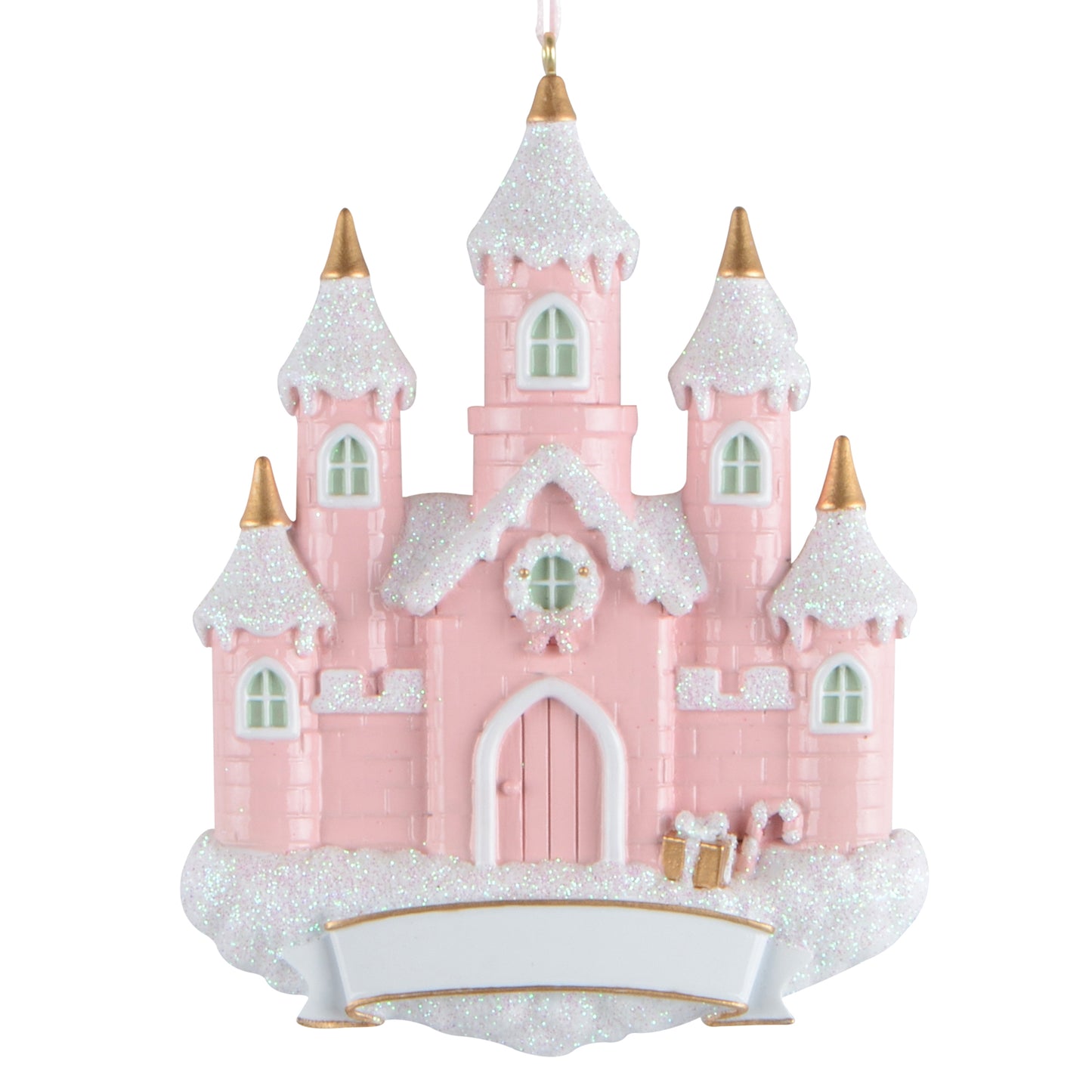 Pink castle holiday ornament with glitter and gold accents, featuring a snowy design and small presents