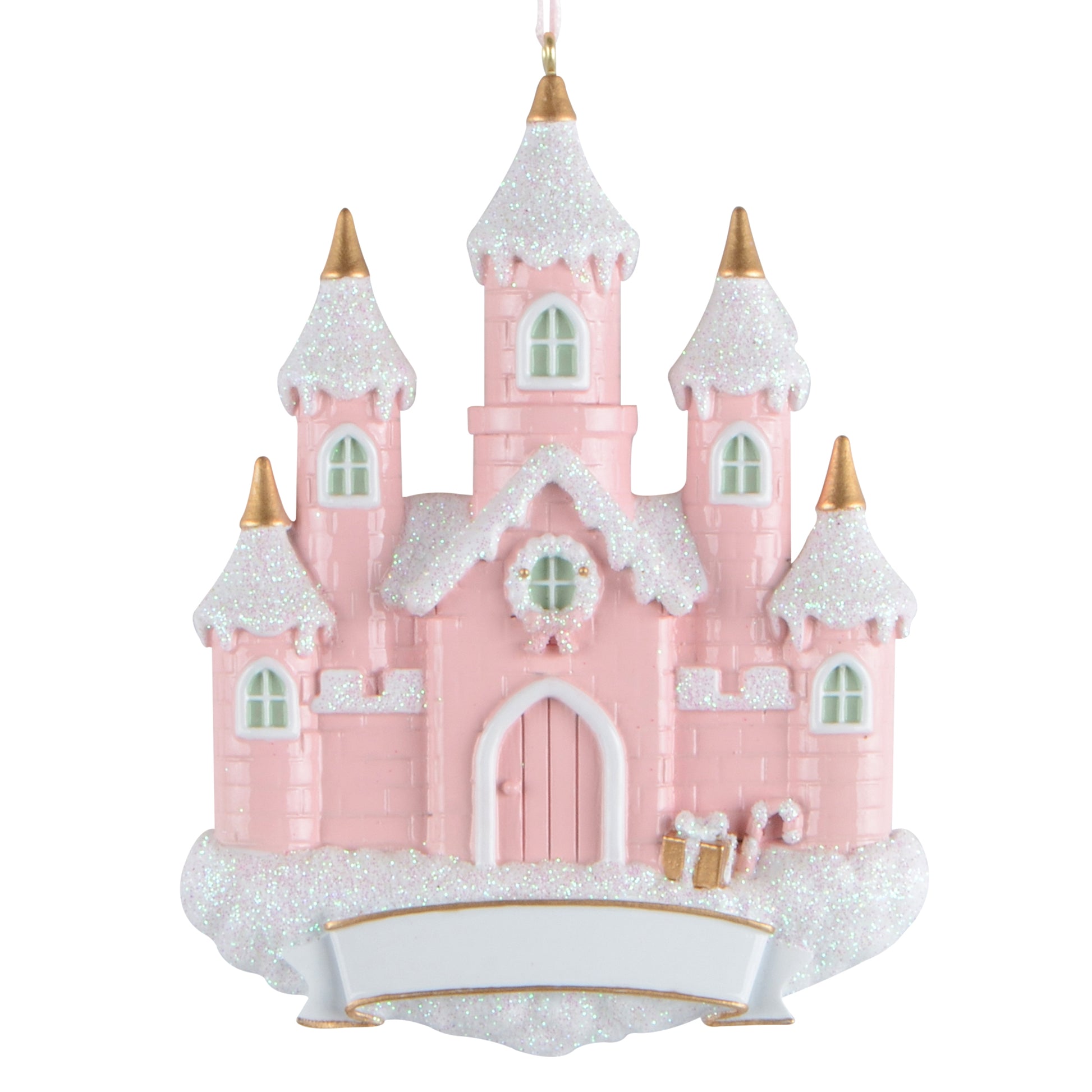 Pink castle holiday ornament with glitter and gold accents, featuring a snowy design and small presents