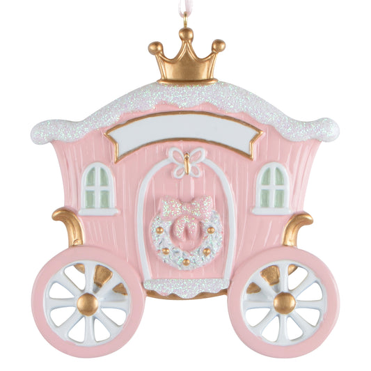 Handpainted pink princess carriage Christmas ornament with gold crown, glitter accents, and butterfly wreath detailing