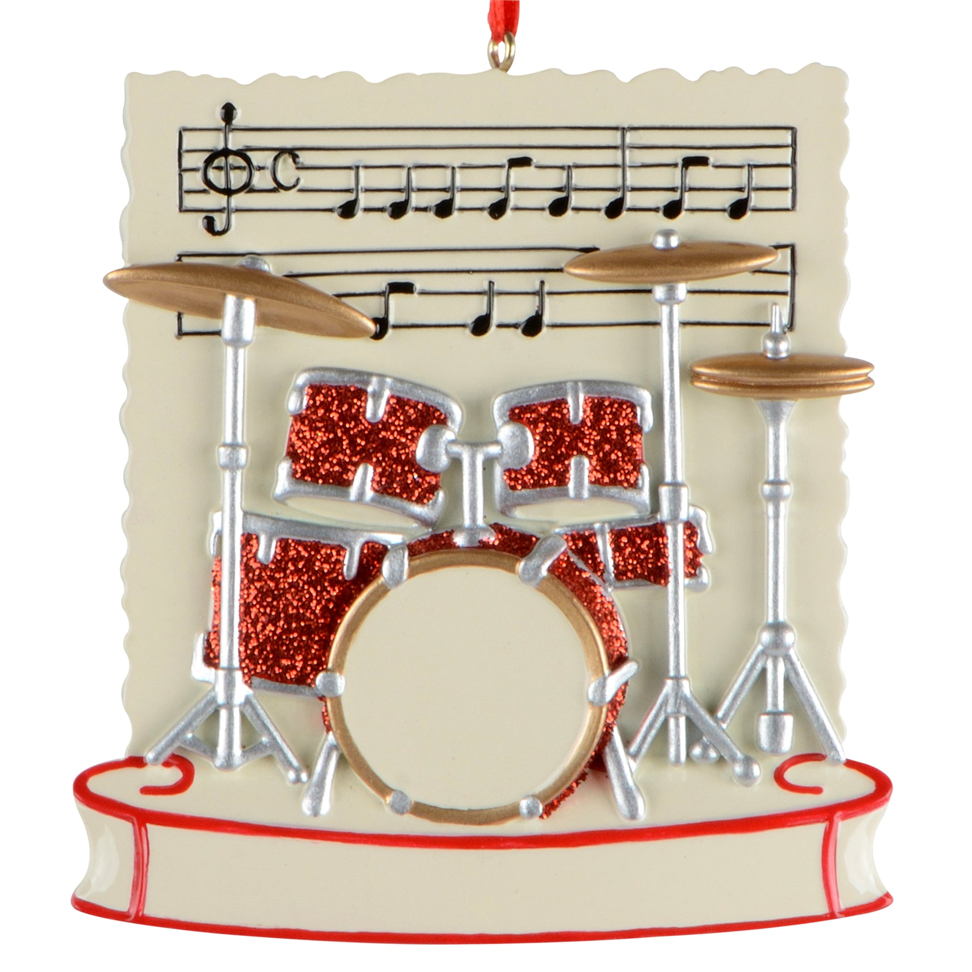 red glitter drum set ornament with bronze cymbals and musical notes backdrop