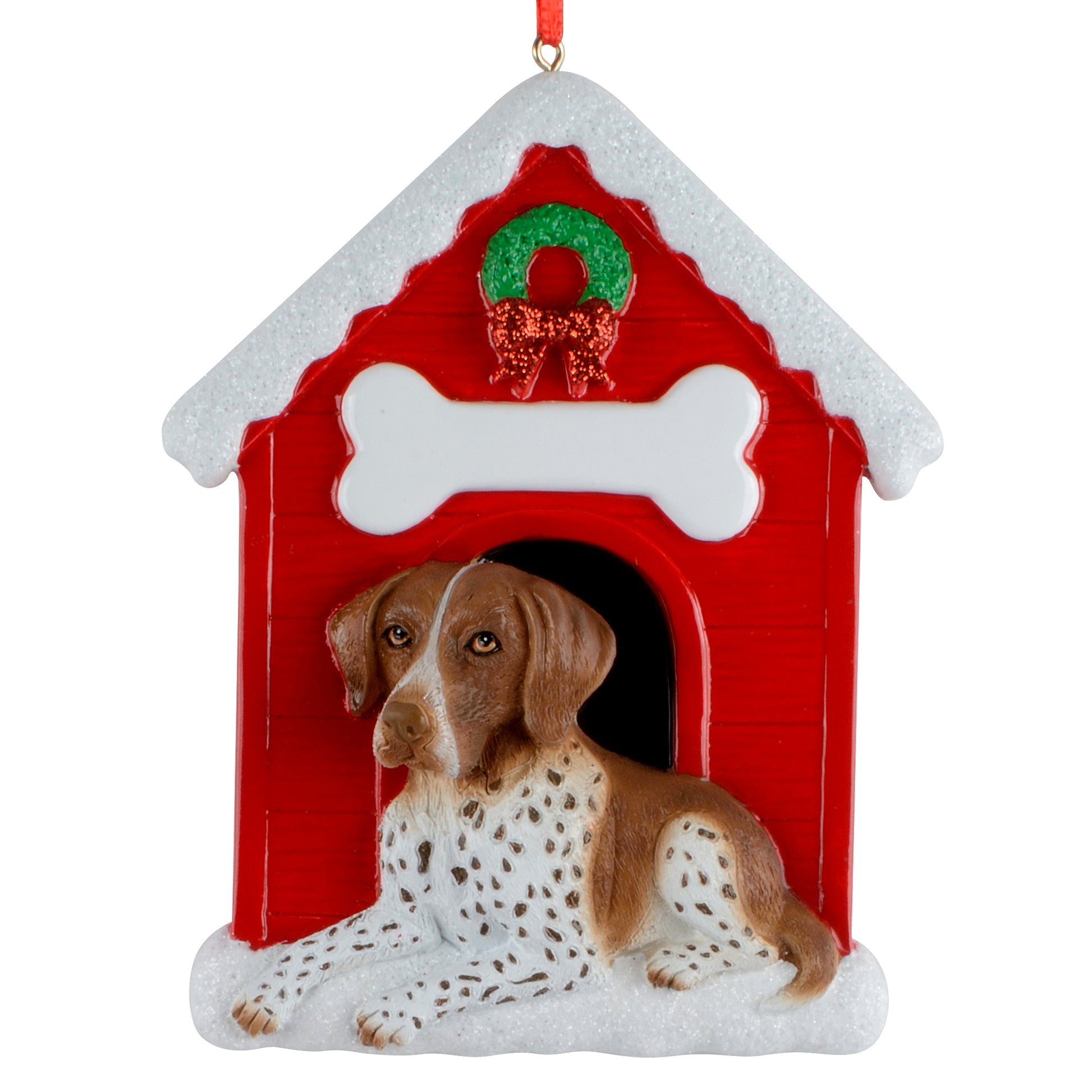 Close-up of German Shorthaired Pointer doghouse Christmas ornament with red house, white bone, green wreath, and a brown and white dog figurine