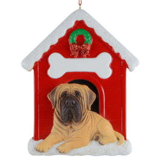 Handpainted English Mastiff dog resting at red doghouse with snow-tipped roof and Christmas wreath ornament