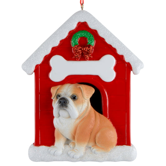 Handpainted English Bulldog sitting in red doghouse Christmas ornament adorned with green wreath and white bone with snowy roof