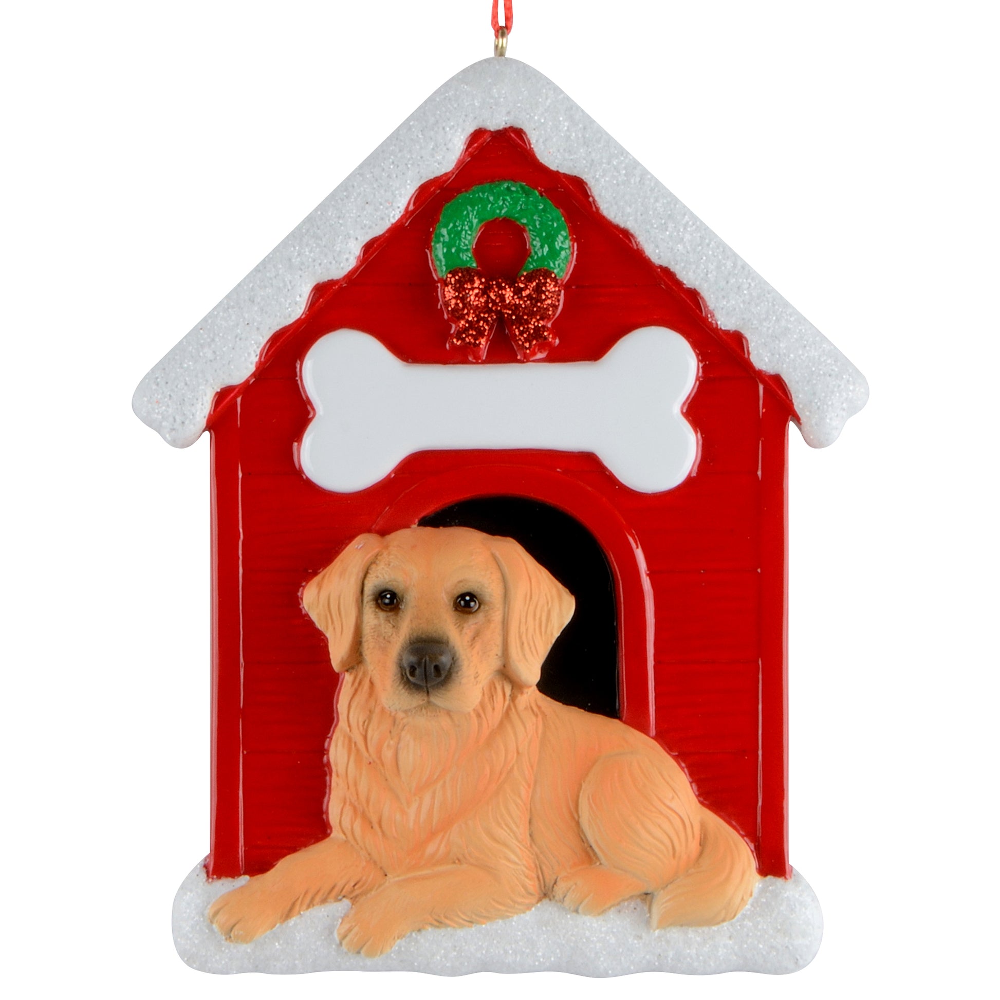 Handpainted Golden Retriever doghouse holiday ornament featuring a dog laying in front of a red house with white snow and a green wreath with red bow.